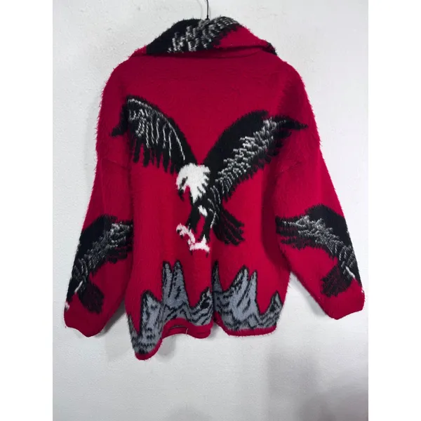 Yarina Womens Medium Red Wool Eagle American Full Zip Fleece Jacket Southwestern - Image 6