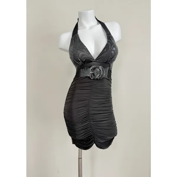 joyce leslie halter bodycon mini dress xxsmall deep-V y2k goth cyber 90s Vintage - Image 10