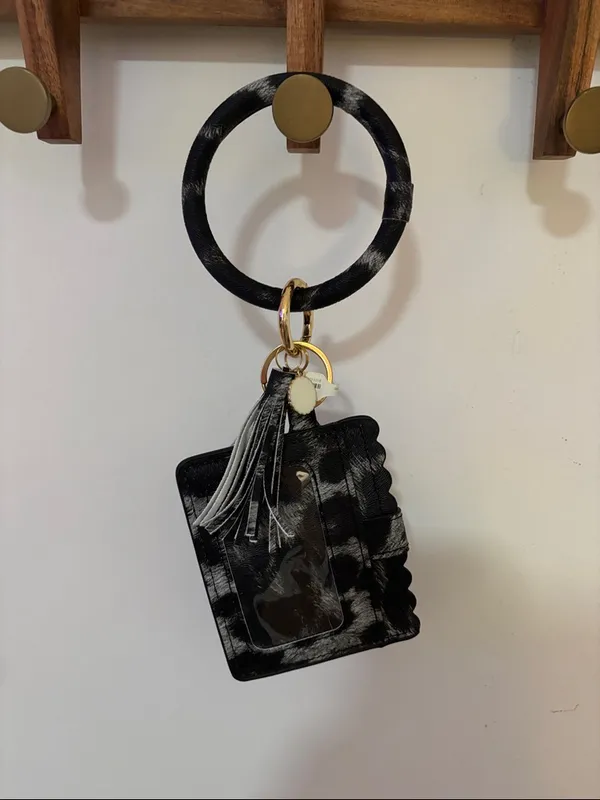 Black Patterned Wristlet Keychain with Tassel - Image 2