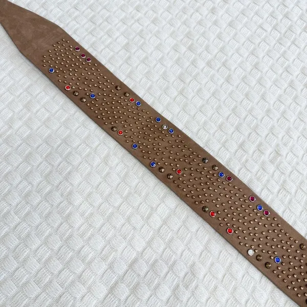 Source Unknown NEW Wide Vegan Leather Belt with Colorful and Metallic Studs Tan Khaki - Image 8