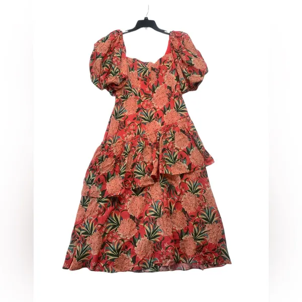 FARM Rio size large pineapple bloom midi dress pink green puff sleeve floral - Image 14