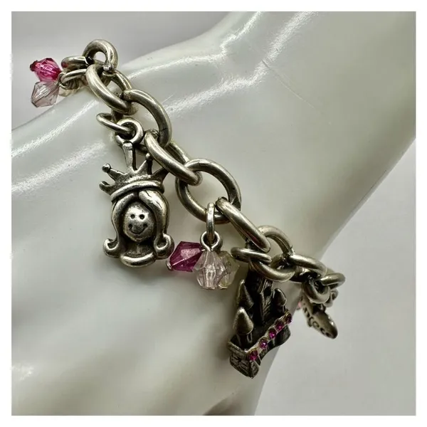 Princess Charm Bracelet Silver Pink Crystal castle Chair heart princess - Image 2