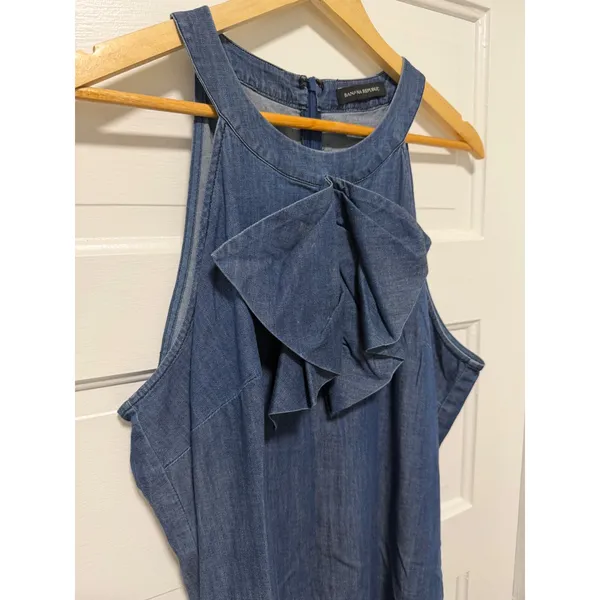 Banana Republic Blue Denim Halter Dress Ruffle Bow Shift Pockets Sleeveless - Image 4