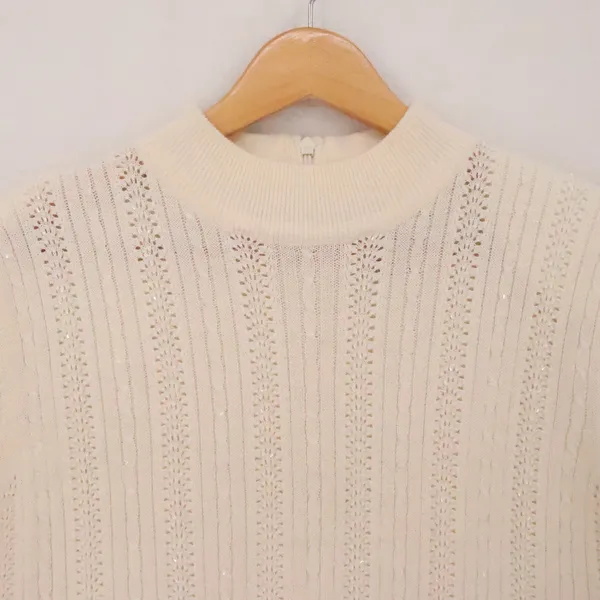 Alfred Dunner Vintage 90s Mock Neck Short Sleeve Sweater Sequin Womens Size M Cream Wool Blend - Image 10