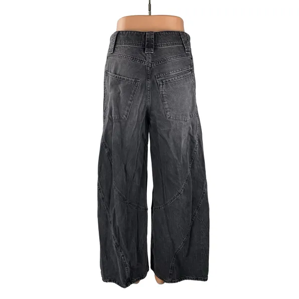 Free People Women's Black High Waist Baggy Flare Wide Leg Denim Jeans Pants 25 - Image 4
