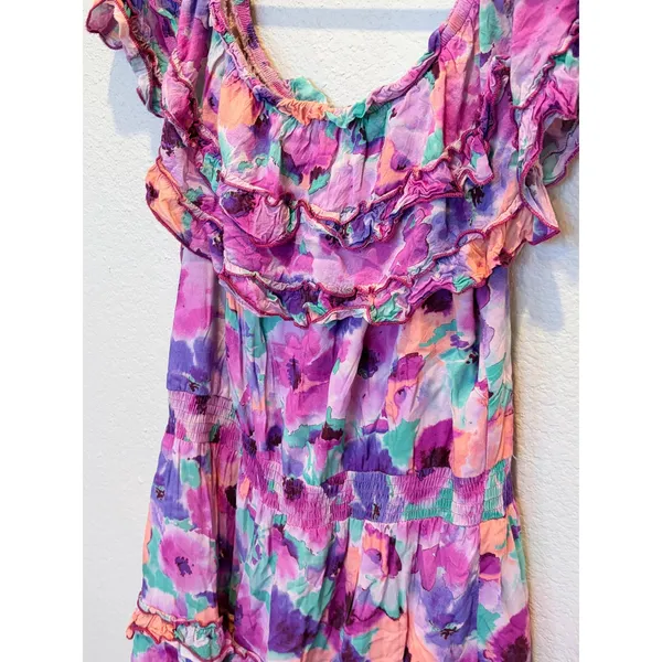 BTFL-Life Off-the-Shoulder Floral Mini Dress Purple Pink Ruffle Smocked Large - Image 3
