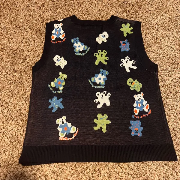 Novelty Sleeveless Knit Sweater Vest‎ Funky Characters Quirky Print L - Image 5