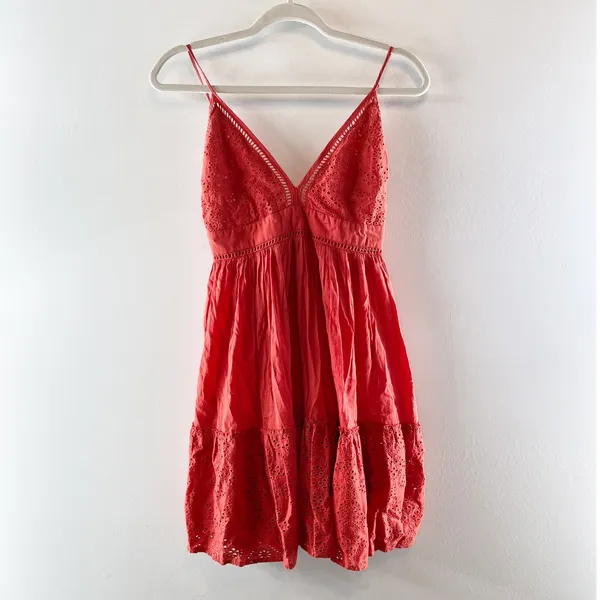Maje V Neck Mini Babydoll Dress Terracotta Red Large - Image 2