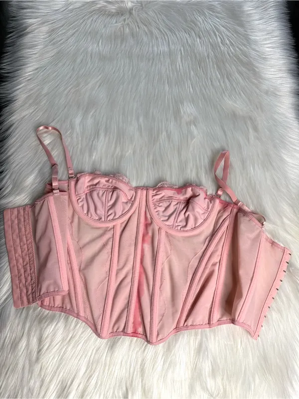 Pink Lace and Mesh Burlesque Boudoir Corset - Image 4