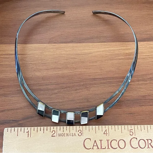 Sterling Silver 925 Gunmetal Onyx/Mother of Pearl Cuff Choker Collar Necklace - Image 9