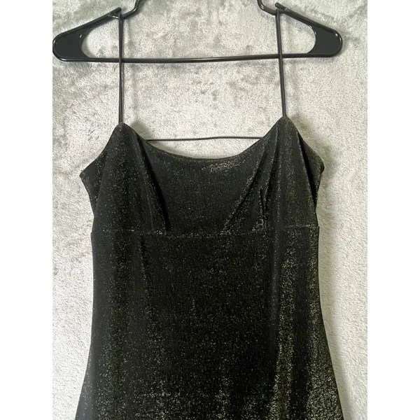 Vintage Y2K Black Shimmer Maxi Dress Spaghetti Strap Bodycon Evening Goth Glam - Image 2