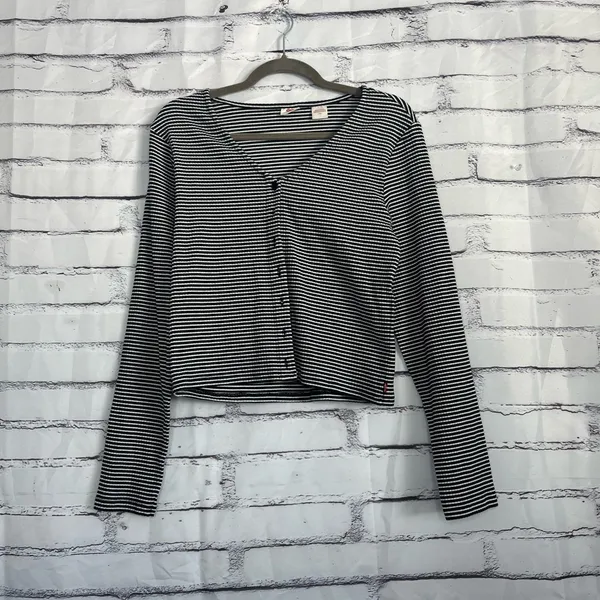 Levi’s Black White Stripe Ribbed Button Front Long Sleeve Women’s Large Top Y2K - Image 6
