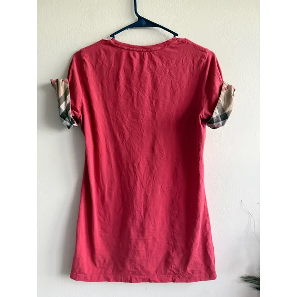 Burberry‎ Pink Cuffed Nova Check Sleeve T-Shirt Womens Medium Short Sleeve Tee - Image 2