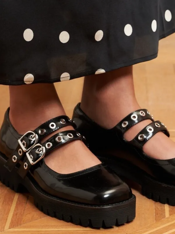 Intentionally Blank Black Patent Leather Studded Double-Strap Mary Jane Shoe 9 - Image 2