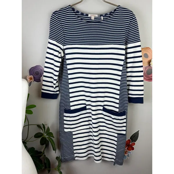 Barbour Blue and Gray Striped Rief 3/4 Sleeve Midi Pocket Dress - Size - 4 - Image 6