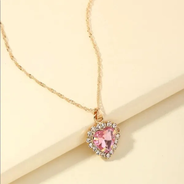 Gorgeous Pink Crystal Jewel Bling Heart Pendant Charm gold twist Chain necklace - Image 4