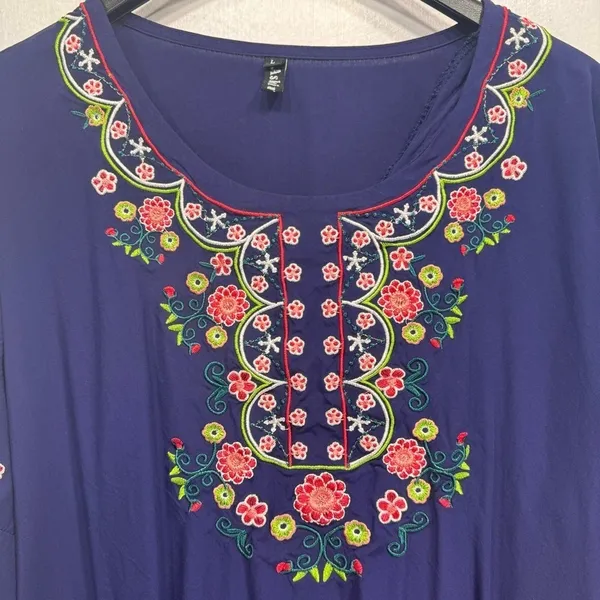 Ashir Aley Blue Embroidered Floral Boho Flowy Short Sleeve Top Size Large - Image 4