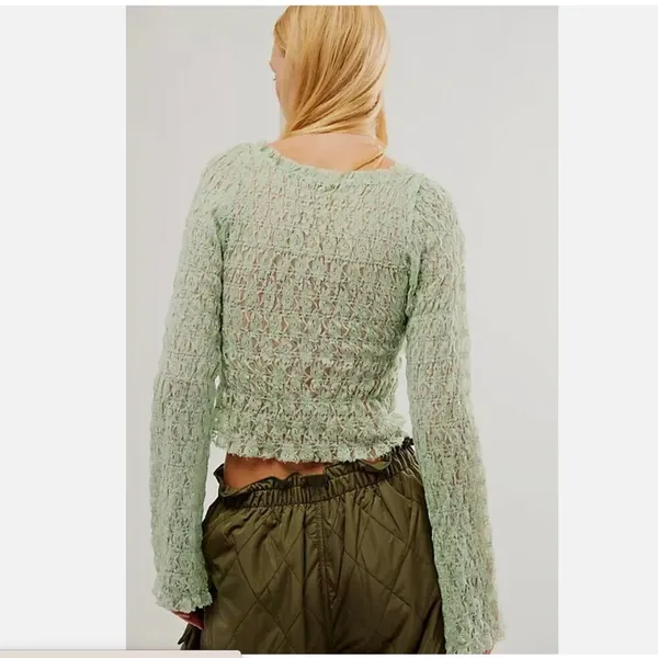 Free People NEW FP One Madison Top Smocked Lace Sheer Hook-Front Bell Sleeve - Image 2