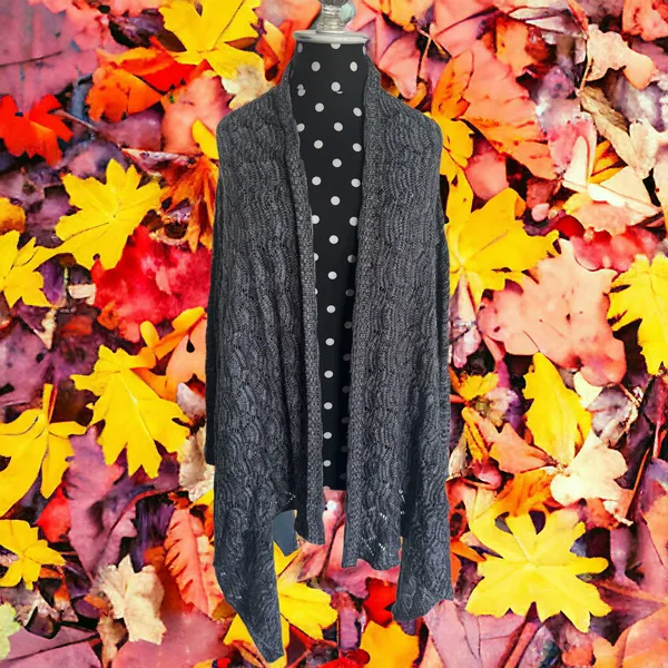 Chico's Womens Cardigan‎ Sz 1 M 8 10 Gray Black Waterfall Sweater Open Front - Image 2