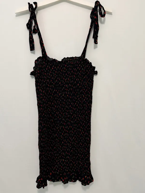 Free People Bella Black Floral Print Smocked Bodycon Mini Dress Large - Image 3