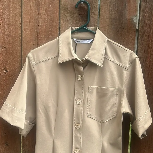 ZARA Short Sleeve Button Down Tan Tunic Top Sz XS NWT - Image 14