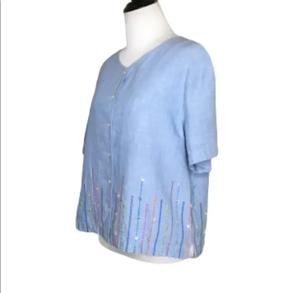 Vintage Bechamel Blue Linen Buttons Embroidery Shirt Medium Top - Image 5