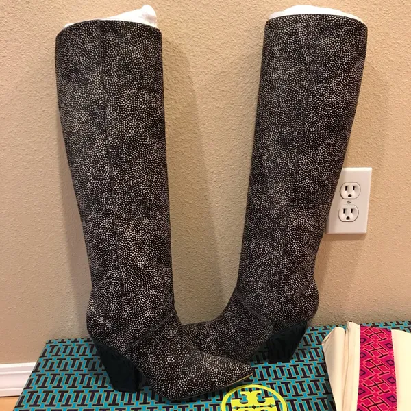 TORY BURCH LILA CALF HAIR KNEE HIGH BOOTS Cowboy Style Boots Black and White - Image 2