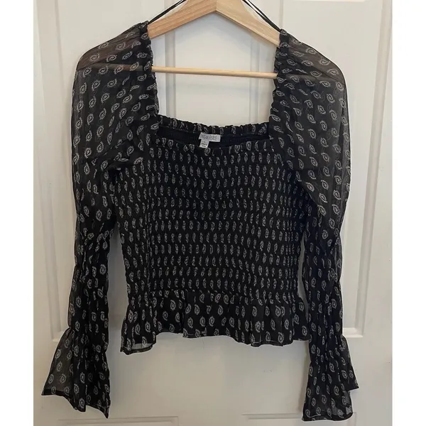 Patrons of Peace Womens L Cropped‎ Black Paisley Smocked Sheer Puff Long Sleeve - Image 3