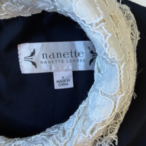 Nanette Lepore Navy Blue‎ Shift Dress Lace Peter Pan Collar Pleated Hem Womens 4 - Image 3