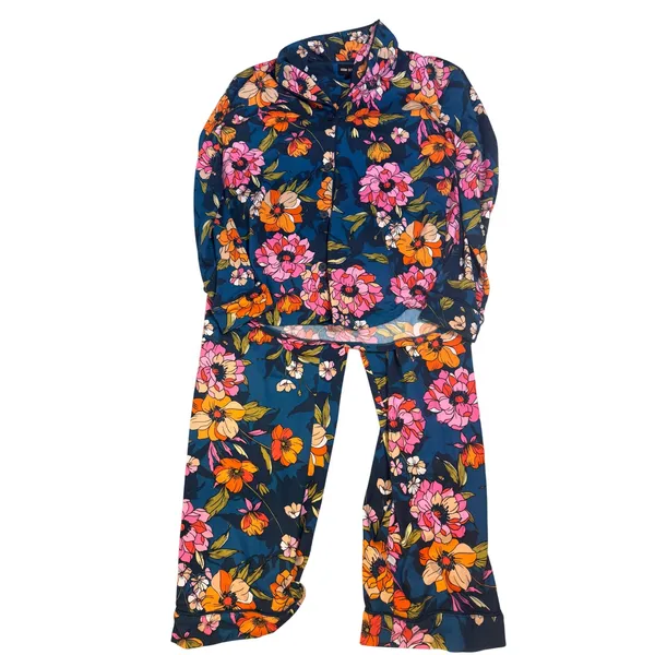 Room Service Womens Navy Floral Pajama Set Long Sleeve Button Down Small - Image 2