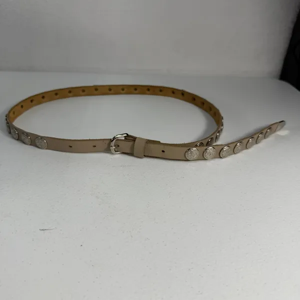 Vintage‎ S/M Skinny Leather Belt Boho Ornate Silver Concho Studded Western Tan - Image 3