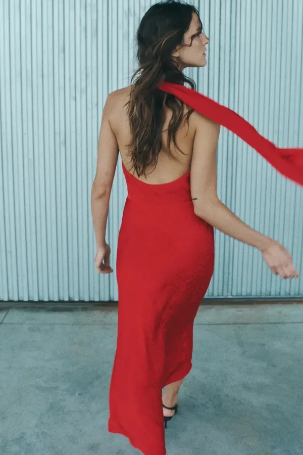 Zara midi dress Elegant Red Halter prom wedding cocktail party satin - Image 6