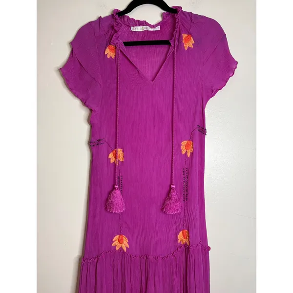 Marie Oliver Silk Magenta Embroidered Tassel Maxi Dress‎ Boho - Image 2