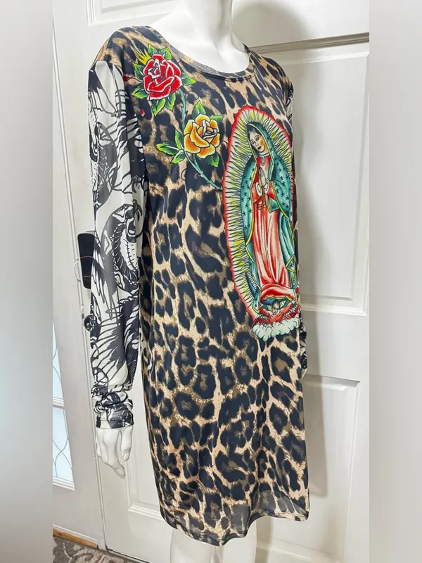 Ed Hardy Cheetah Print Mesh Bodycon Womens 2X Tattoo Logo Y2K 90s Sheer Dress - Image 5