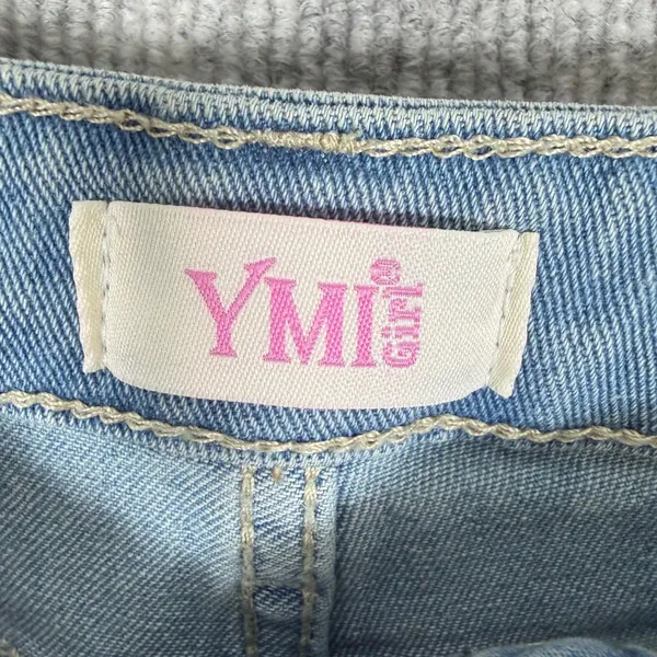 YMI Size-8 Girl Light Wash Butterfly Patchwork Flare Leg Jeans Distressed Frayed - Image 3