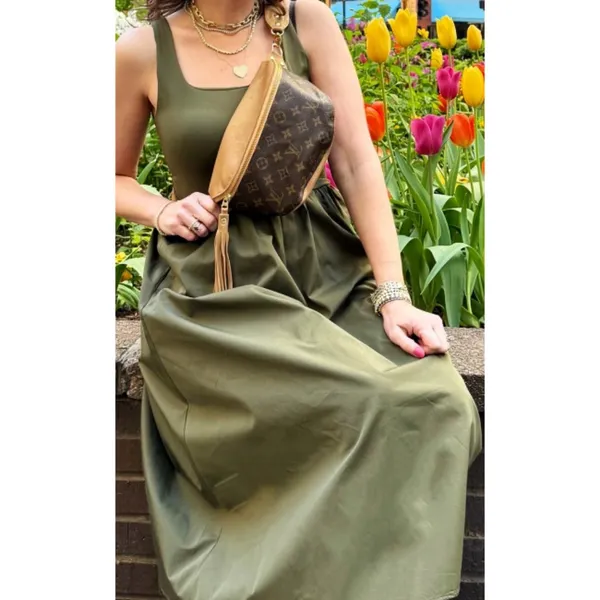 Spanx Jersey Scoop Neck Tank Midi Dress Dark Pine Olive A-Line Maxi Sundress S - Image 5