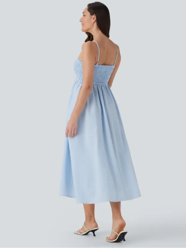 NWOT Halara Blue and White Shirred Stripe Midi Slip Dress - Image 2