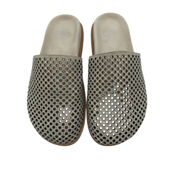 NOW Made in Italy Shoes Women 7 Ivory Rhinestone Perforated Leather Mule Slides‎ - Image 3