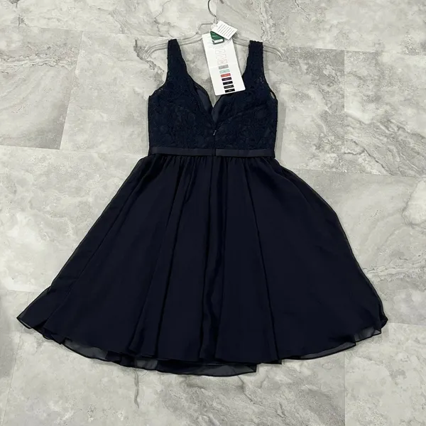 Mori Lee 31054 Bridesmaid Dress Size‎ 10 Navy Blue Lace with Matching Chiffon - Image 3