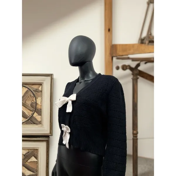 ee:some Black‎ Knit Bow Front Cardigan Sweater Women’s M - Image 3