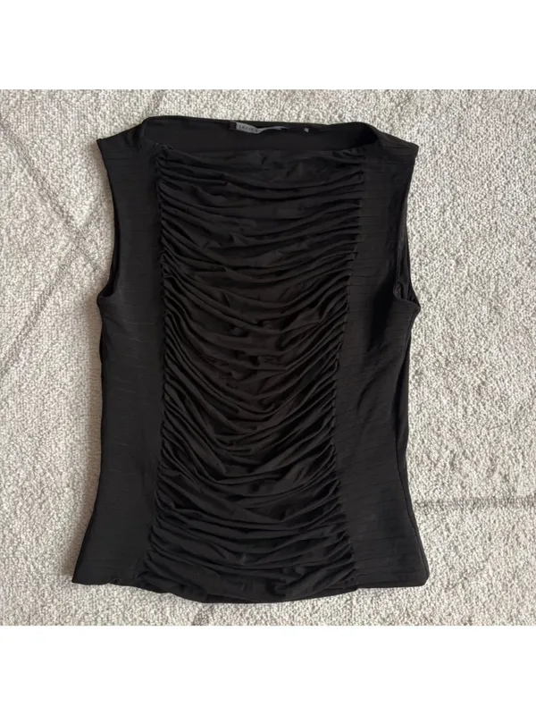 Elie Tahari Black Ruched Sleeveless Top Women’s Elegant Draped Boat Neck Blouse - Image 2
