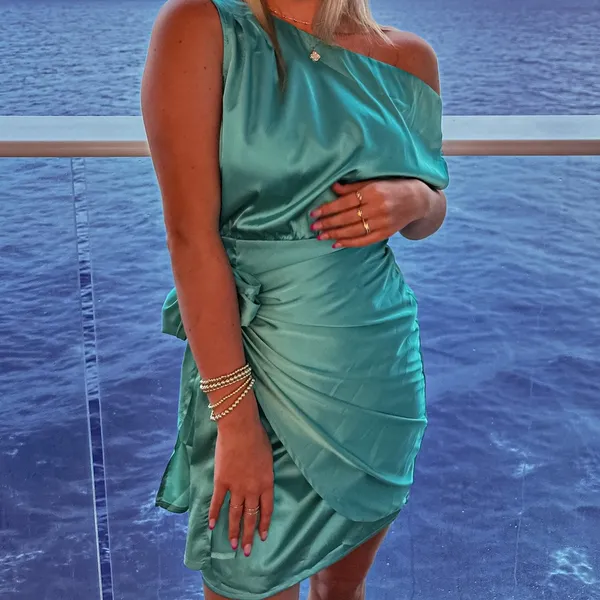 Satin One Shoulder Sleeveless Tie Waist Cocktail Party Mini Dress size small - Image 4