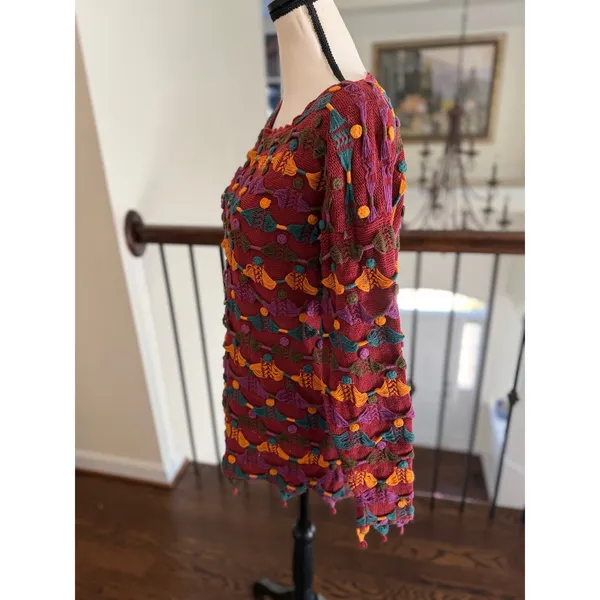 Vintage Burgundy Orange Teal Purple Embroidered Polka Dot Dangle Sweater - Image 4
