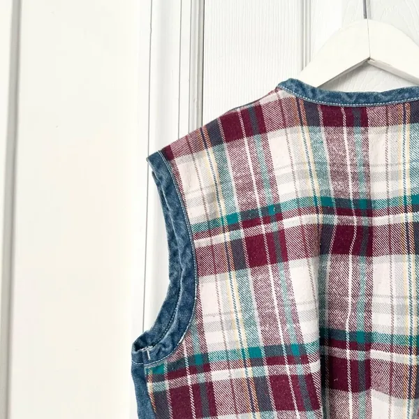 Metro Express Vintage Denim Chambray Red Plaid Flannel Back Button Vest L 14/16 - Image 8