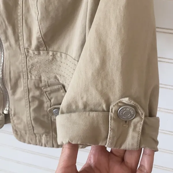 DKNY Jeans Jacket Small Khaki‎ Tan Utility Zip Up Multi Pocket 3/4 Sleeve - Image 7