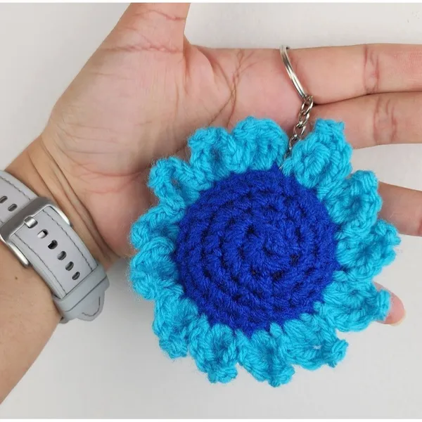 New Crochet Blue Light Blue Stuffed Flower Keychain Handmade Handcrafted - Image 2
