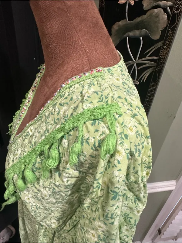 Three Stars Boho Embroidered Fringe Mini Dress – Bright Green Floral – Size S/M - Image 7