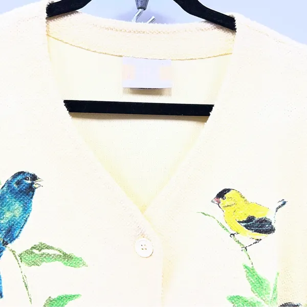 Vintage AU Women's yellow terry cloth cardigan Sweater Bird Art Applique Print - Image 7