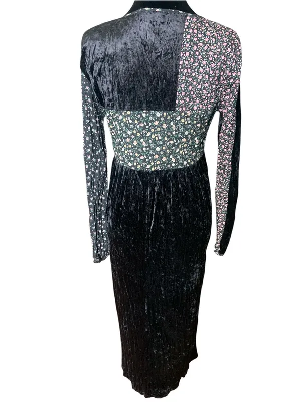 VTG Judy’s Black Velvet Patchwork Whimsigoth 90s Long Sleeve Maxi Dress Dark Rom - Image 2