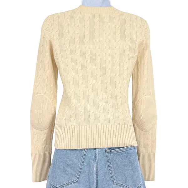 Vince 100% Cashmere Cable Knit Sweater XS Ivory Cream Elbow Patch Made USA - Image 4